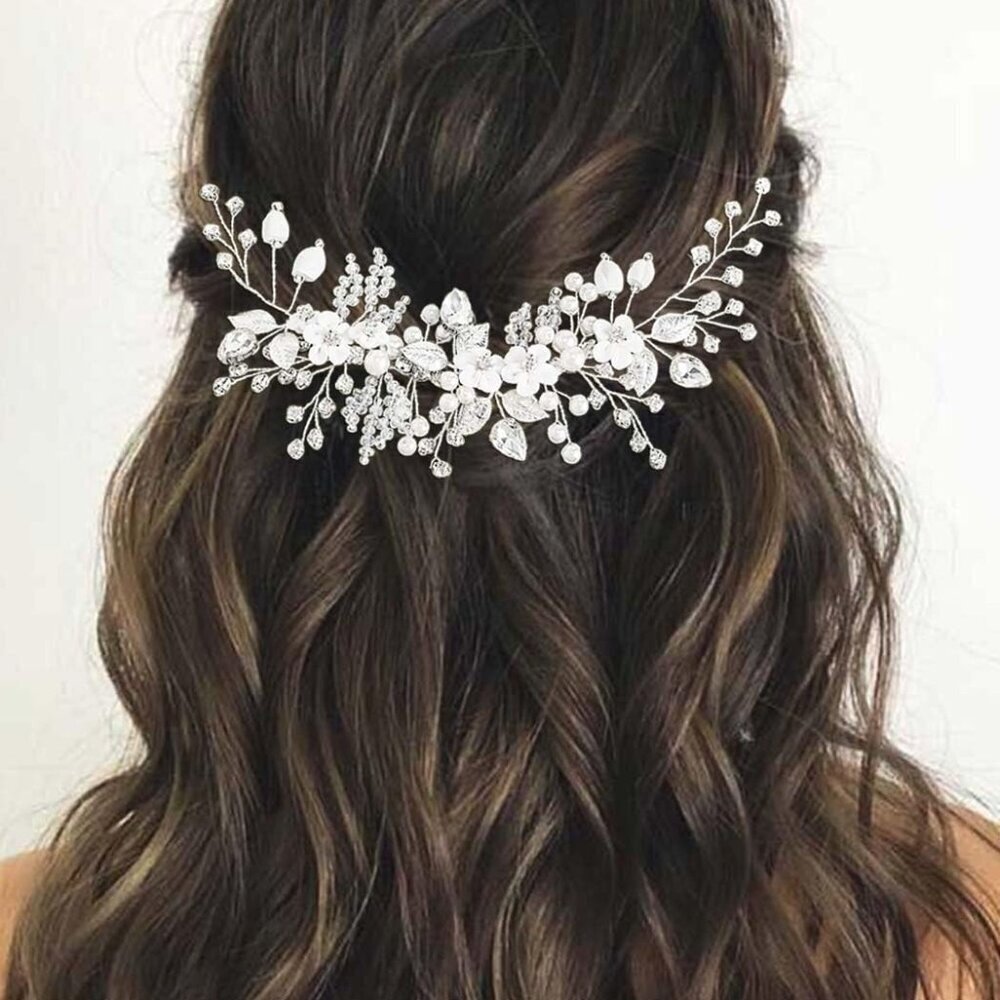 Flower Bridal Hair Vine Silver Crystal Pearl Wedding Headpiece for Women